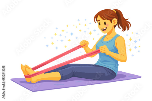 Young caucasian female exercising with resistance band on yoga mat illustration.
