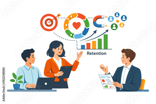 Team meeting on customer retention strategy with charts and diagrams.