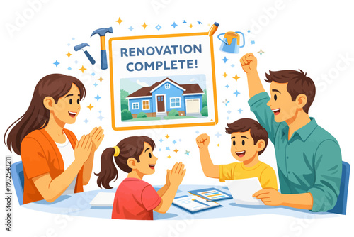 Happy family celebrating home renovation completion with excitement and joy.