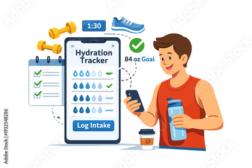 Young caucasian male using hydration tracker app for fitness with water bottle and coffee.