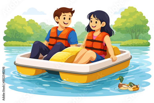 Young caucasian couple enjoying relaxing pedal boat ride on lake with ducks.