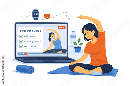 Asian female adult engaged in virtual yoga class at home with stretching guide.