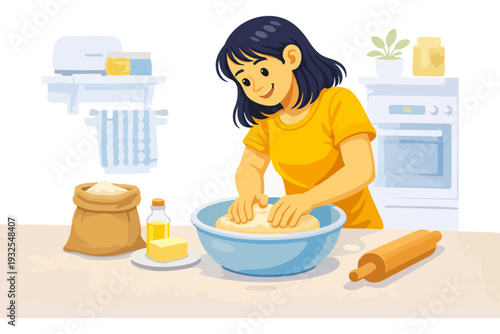 Asian young female baking bread in kitchen with ingredients and tools.