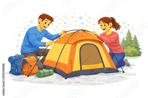Young caucasian adults setting up camp with tent outdoors.