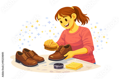 Asian female child polishing brown leather shoes with brush on table.