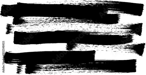 Bold black ink brush strokes on white background, expressive and artistic grunge texture for design.