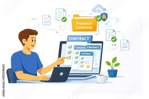 Caucasian male freelancer reviewing digital contracts on laptop.