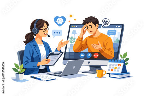 Virtual therapy session with asian female therapist and caucasian male client on video call.