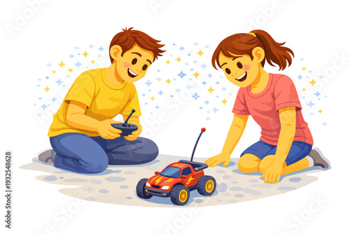Young caucasian children enjoying remote control car playtime together.