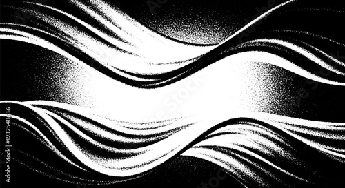 Abstract black and white wavy lines with granular texture, creating a dynamic, flowing, and modern graphic design background.