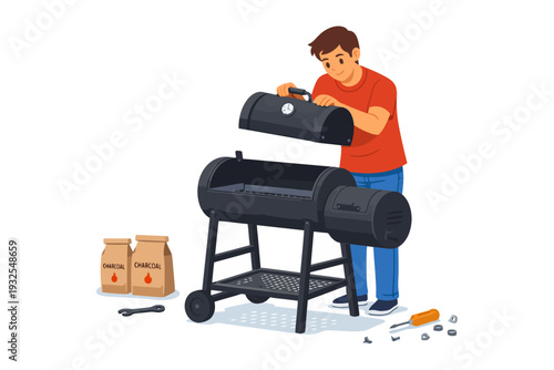Young caucasian male assembling charcoal grill with tools and instructions.