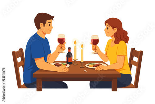 Couple enjoying romantic dinner with wine and candlelight.