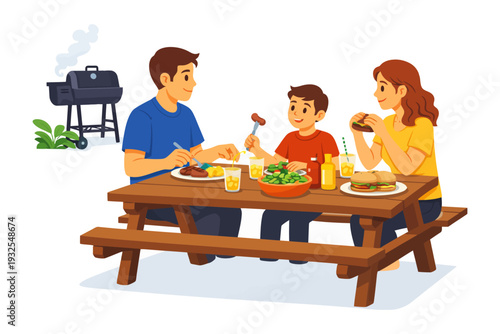 Family picnic: caucasian adults and child enjoying barbecue outdoors.
