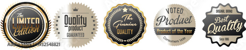 Collection of gold and black quality guarantee badges