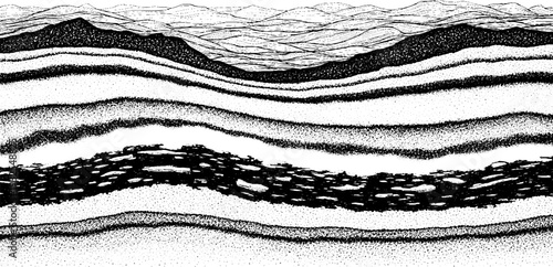 Detailed illustration of geological strata and a mountain landscape, featuring cross-section earth layers in a black and white style.
