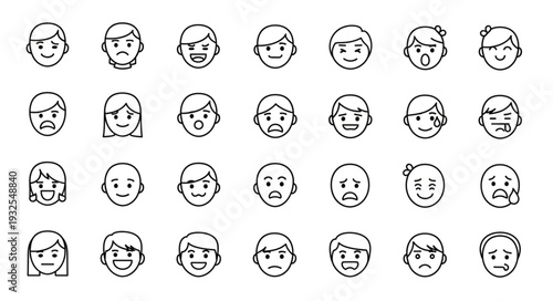 Collection of hand-drawn faces with various expressions and emotions in a row.