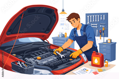 Young caucasian male mechanic working on car engine in modern garage.