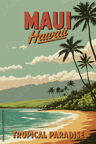 Maui Island Vintage Travel Poster Featuring Hawaii Tropical Beach, Palm Trees, Surf Waves and Scenic Coastal Ocean View, Retro Style Vector Illustration Background for Card Design