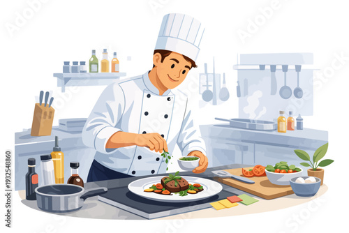 Male chef garnishing gourmet dish in modern kitchen with fresh ingredients.