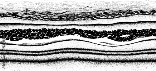 Artistic cross-section of earth layers, illustrating geological strata and a rugged mountainous terrain with a detailed linework style.