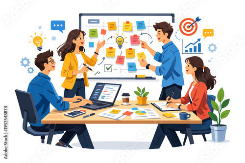 Diverse team brainstorming session with caucasian and hispanic young adults collaborating on project.