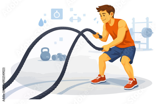 Young caucasian male exercising with battle ropes in gym setting.