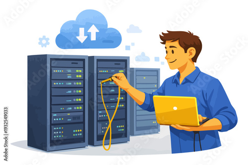 Young hispanic male technician managing cloud server connections with laptop.