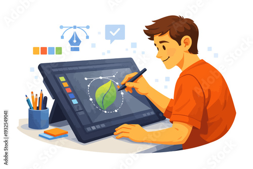 Young caucasian male artist designing digital art on graphic tablet.