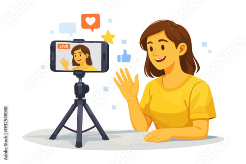 Young asian female live streaming with smartphone on tripod.