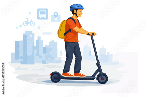 Young male riding electric scooter in urban cityscape.