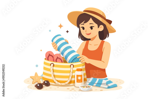 Young hispanic female packing beach bag with towel and sun essentials.