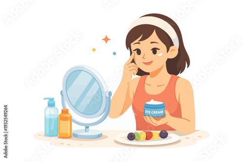 Asian young female applying eye cream in front of mirror with skincare products and healthy snacks.