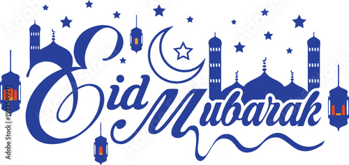 Eid Mubarak calligraphy banner with mosque, lanterns, and crescent stars. Elegant Islamic typography creates a festive spiritual atmosphere. Ideal for Ramadan posters, social media, banners, and greet