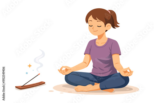 Asian female practicing meditation with incense in peaceful setting.
