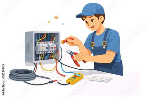 Asian male electrician diagnosing circuit breaker with tools in hand.