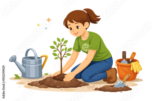Young caucasian female planting tree in garden with watering can and tools.