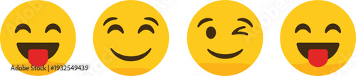 Smiling emoji faces set with happy wink tongue expressions yellow emoticon vector illustration collection