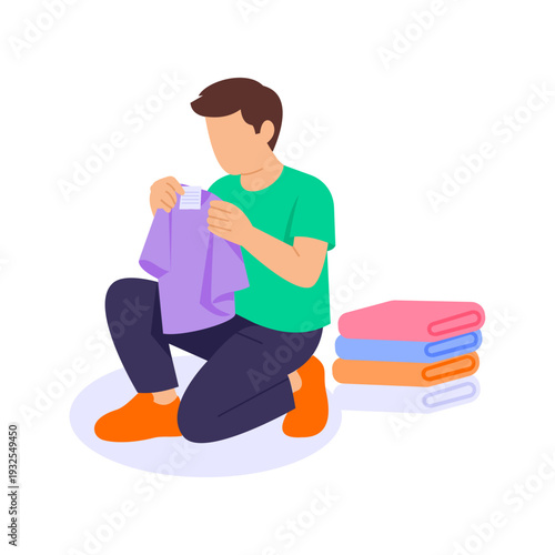 Care Label Checking, Verifying garment instructions for proper cleaning, Flat vector character illustration