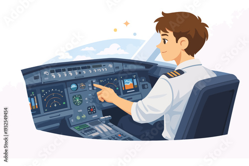 Young caucasian male pilot operating aircraft cockpit controls.