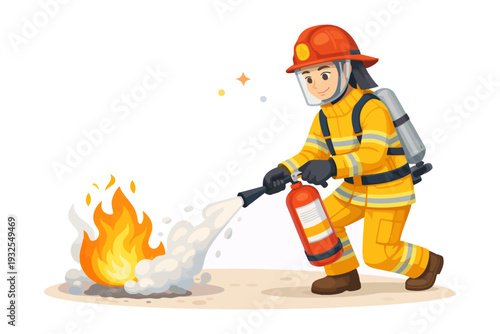 Young asian female firefighter extinguishing fire with extinguisher in safety gear.