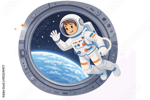 Young caucasian male astronaut waving from spaceship window in outer space.