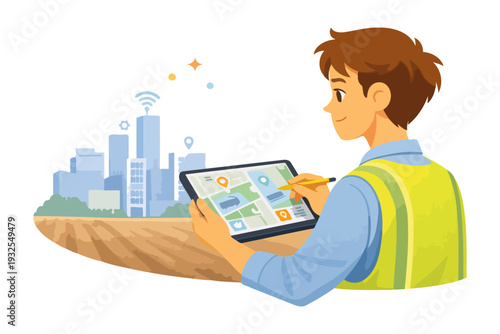 Young caucasian male engineer using tablet for urban planning with digital map interface.