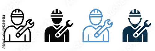 Technician icon set in multiple styles illustrating repair worker holding tools, maintenance concept, technical support symbol