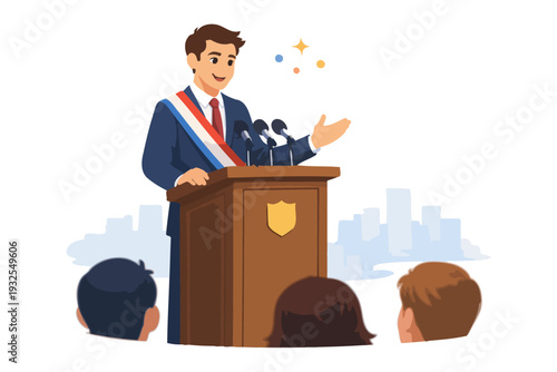 Young caucasian male politician speaking at podium to audience.
