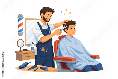 Male barber giving haircut to young caucasian male in barbershop setting.