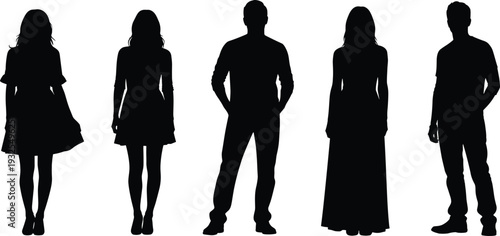 Silhouettes of people standing casual poses dresses skirts pants gender representation posture fashion design illustration