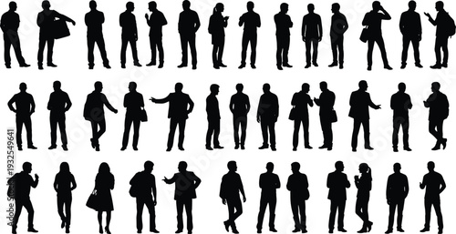 Silhouettes of people standing diverse poses crowd gesture body language fashion design illustration collection
