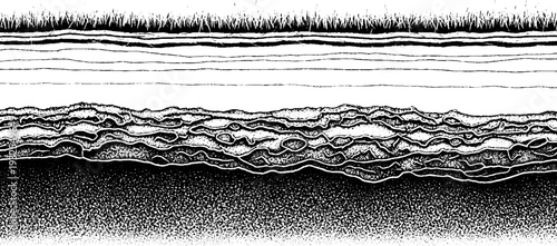 Black and white abstract texture depicting layered geological strata with intricate organic forms and stippled detail, resembling underground earth.