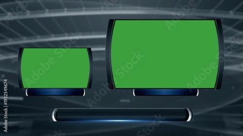 3d virtual news studio green screen background for sports broadcast, 2 displays, gallery background, space for lower third