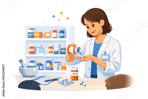 Asian female pharmacist dispensing medication in pharmacy setting.